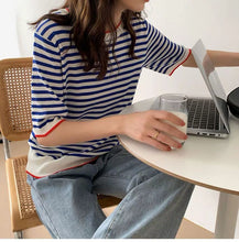 Short Sleeve Retro Blue Striped Shirts