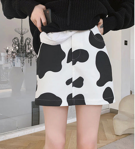High Waist Cow Pattern Mini Skirt
