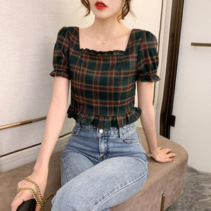 Puff Sleeve Plaid Square Neck Blouse