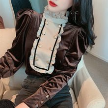 Long Sleeve Stand Collar Elegant Velvet Blouse Shirt