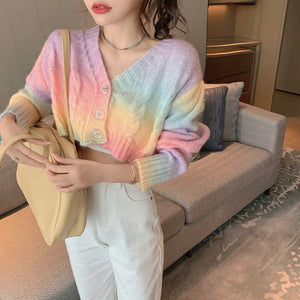 Cropped Rainbow Knitted Cardigan Sweater