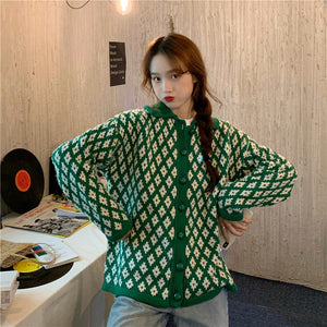 Plaid Elegant Knitted Cardigan Sweater
