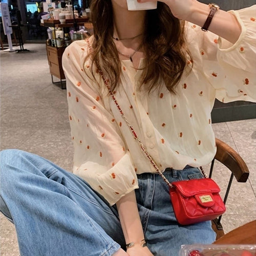 Three Quarter Sleeve Dot Pattern Chiffon Thin Blouse Shirts