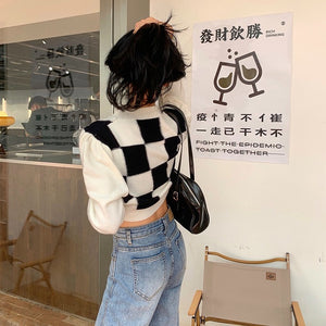 O-Neck Slim Plaid Knitted Crop Sweater