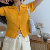 Short Sleeve Casual Zipper Knitted Blouse Shirt
