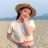 Colorful Buttons O Neck Short Sleeve Crop Top