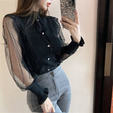 Long Sleeve Semi High Collar Knitted Stitching Blouse Shirt