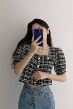 Vintage Pearls Button Square Collar Plaid Shirt