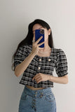 Vintage Pearls Button Square Collar Plaid Shirt