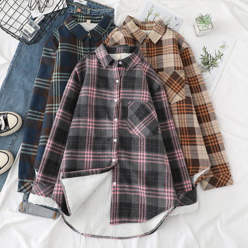 Vintage Plaid Velvet Fleece Loose Shirt