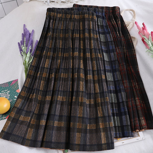 Solid Retro Plaid Pleated Elastic Waist Skirts