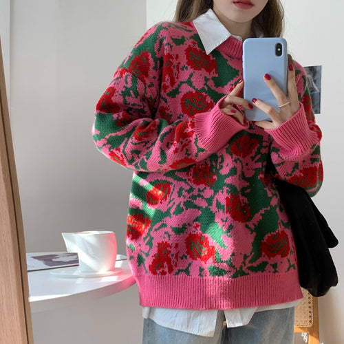 Flowers Pattern Retro Lazy Loose Sweater