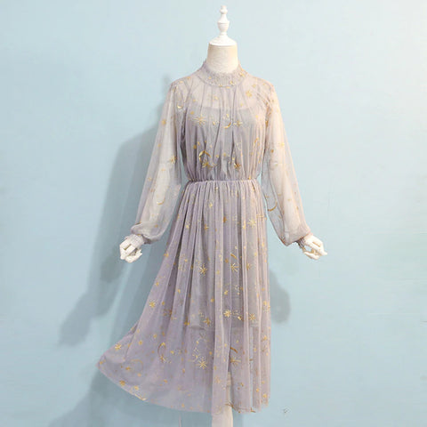 Elegant Moon and Stars Mesh Long Sleeve Dress – Tomscloth