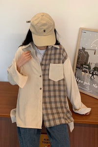 Loose Corduroy With Plaid Combination Blouse Shirt