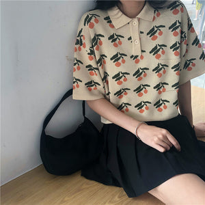 Orange Fruit Printed Loose Crop Top Slim Shirt