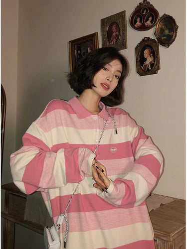 Long Sleeve Pink Striped Polo Collar Shirt