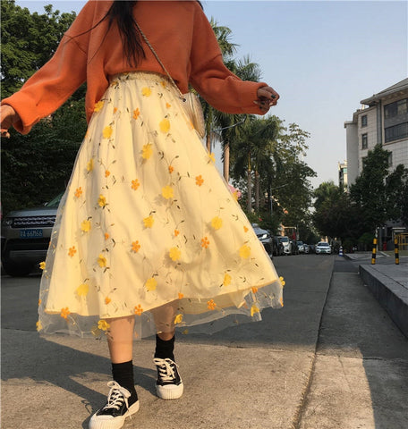 3D Flower Mesh Tulle Long SKirt