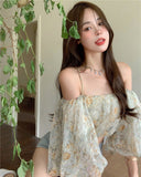 Sexy Floral Strap Puff Sleeve Blouse Shirt