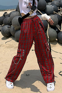 Red Plaid Hip Hop Chain Cargo Pants