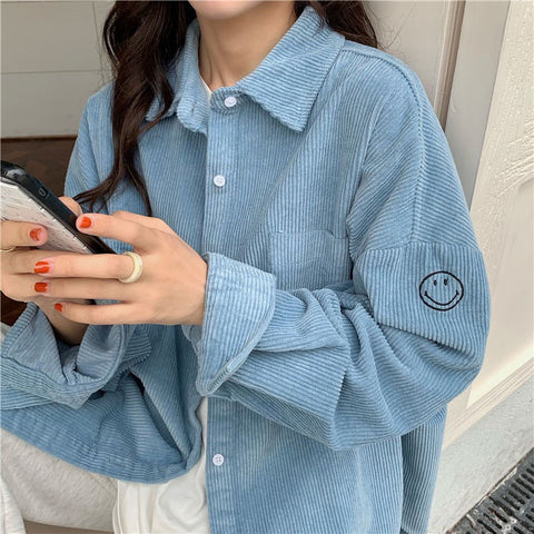 Smile Emoticon Pattern Long Sleeve Corduroy Blouse