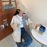 Loose Corduroy With Plaid Combination Blouse Shirt