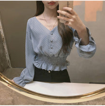 V-Neck Flare Sleeve Polka Dot Blouse Shirt