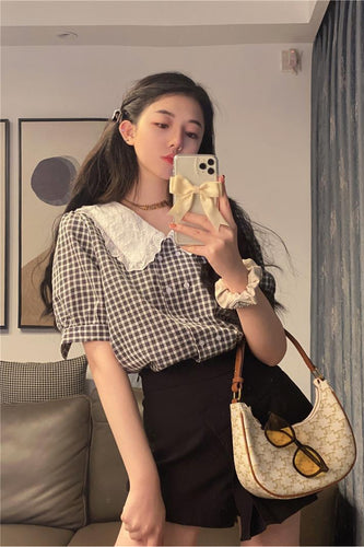 Plaid Pattern Retro Peter Pan Collar Blouse Shirt