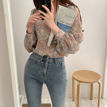 Long Sleeve Square Collar Cute Floral Blouse Shirt