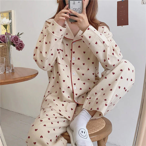Hearts Full Printed 2Pcs Pajamas Set