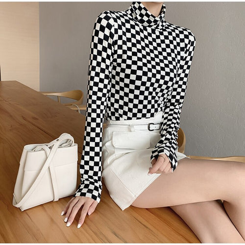 Vintage Turtleneck Checkerboard Long Sleeve Bodycon Shirt