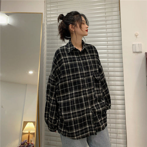 Long Sleeve Retro Thicken Plaid Loose Shirt