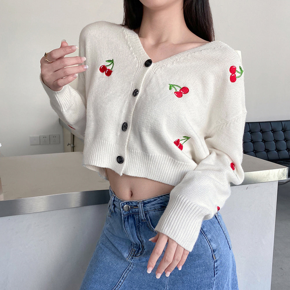 V-Neck Cherry Pattern Cardigan Knitted Sweater