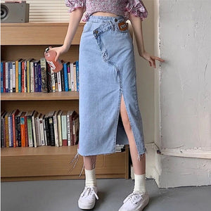 High Waist Irregular Split Long Jeans Skirt