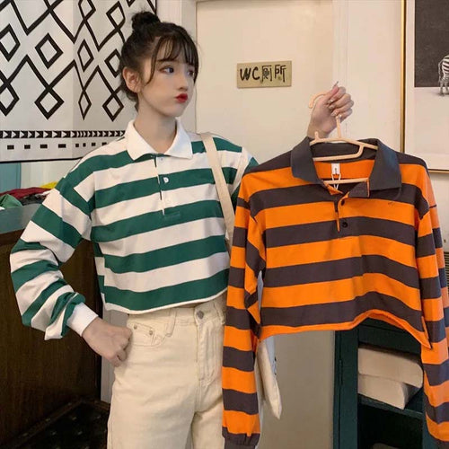 Long Sleeve Polo Collar Striped Crop Shirt