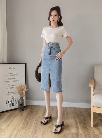 High Waist Ring Buckle Front Split Jeans Skirts