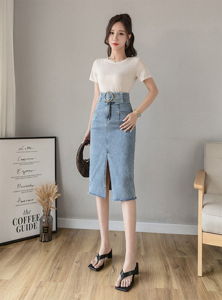 High Waist Ring Buckle Front Split Jeans Skirts