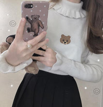 Cute Bear Embroidered Ruffled Turtleneck Sweater