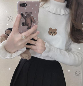 Cute Bear Embroidered Ruffled Turtleneck Sweater