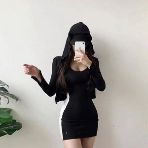 Two Piece Cardigan Slim Skirt With Hooded