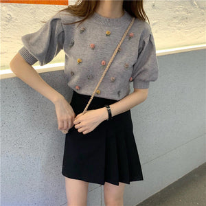 Beading Flowers Pattern Puff Sleeve Knitted Shirt