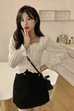 Long Sleeve Front Tie Square Collar Blouse Shirt