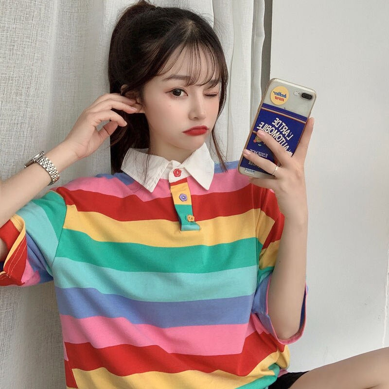 Cute Pastel Rainbow Striped Polo Shirt – Tomscloth