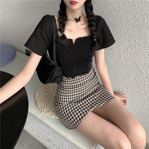 Sexy Folds Square Collar Black Cropped Slim Shirt