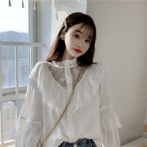 Loose High Neck Ruffled Lace Blouse Shirt