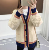 Knitted Cardigan Contrast Color V-Neck
