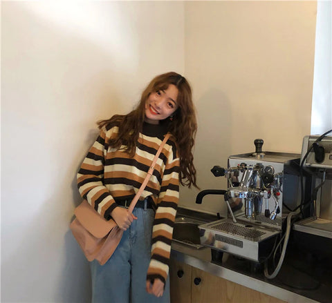 Striped Thin O-Neck Knitting Loose Sweater