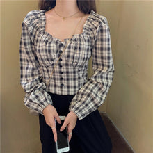 Long Sleeve Square Collar Plaid Ruffled Cropped Blouse