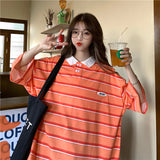 Loose Striped Colors Polo Collar Shirt