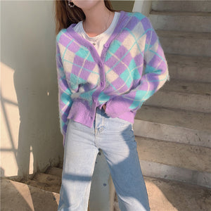 Plaid Pattern V-Neck Loose Cardigan Sweater