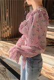 Long Sleeve Chiffon Flowers Pattern Ruffle Blouse Shirt
